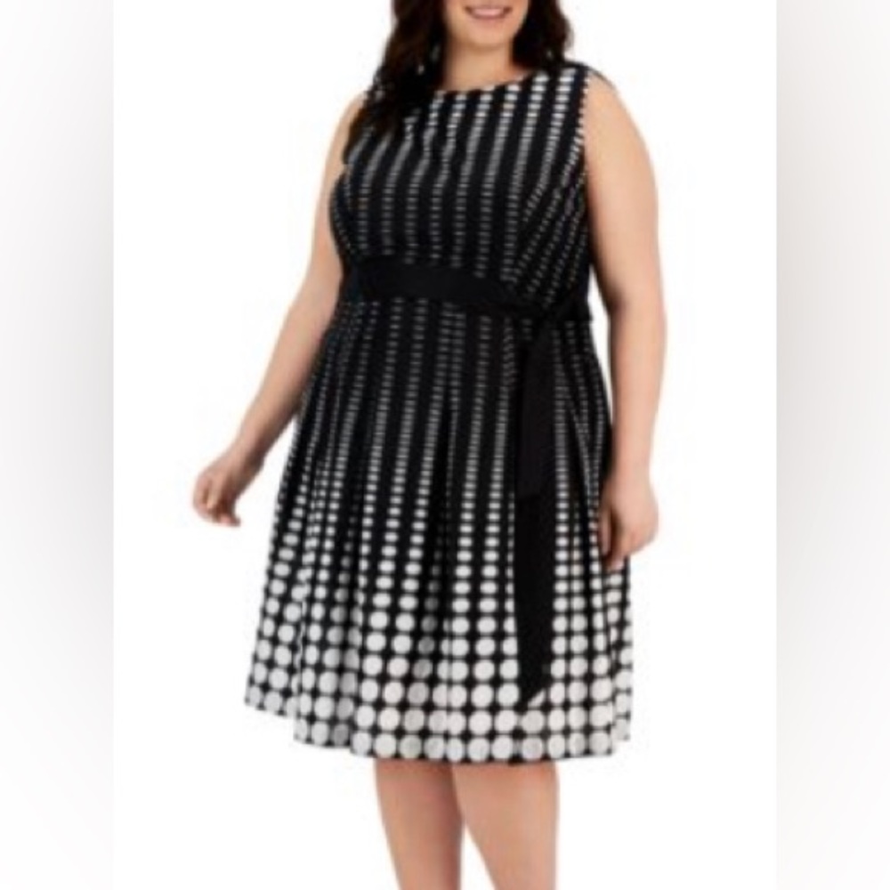 ANNE KLEIN NWT Black/White Sleeveless Fit And Flare Dot Print Dress Tie Waist